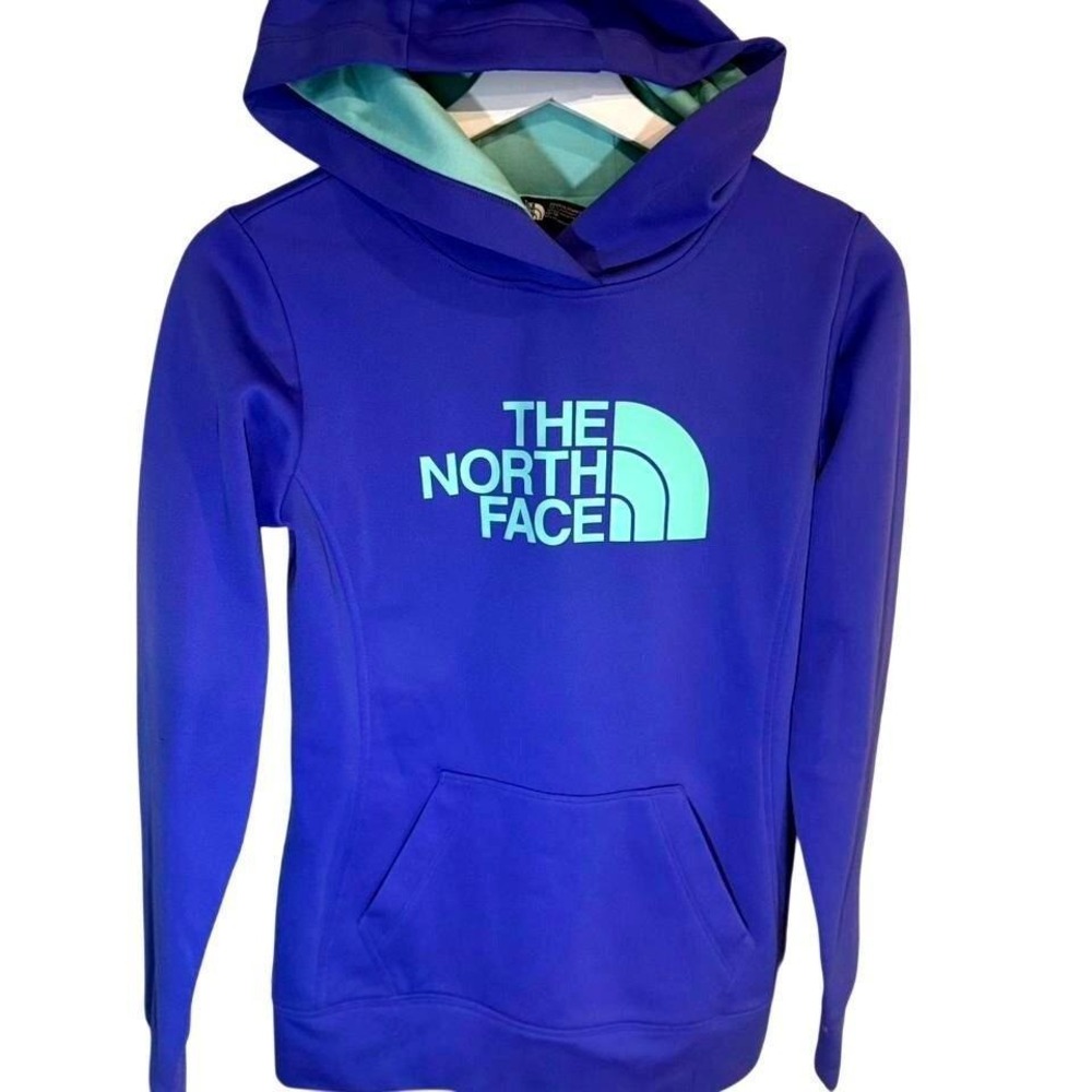 The North Face Womens Purple Mint Green Logo Pullover Hoodie Sweatshirt XS